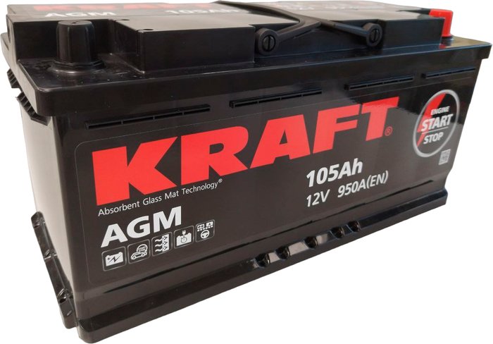 Автомобильный аккумулятор KRAFT AGM 105 R+ - фото1